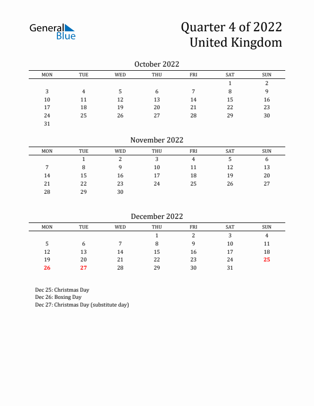 Quarter 4 2022 United Kingdom Quarterly Calendar