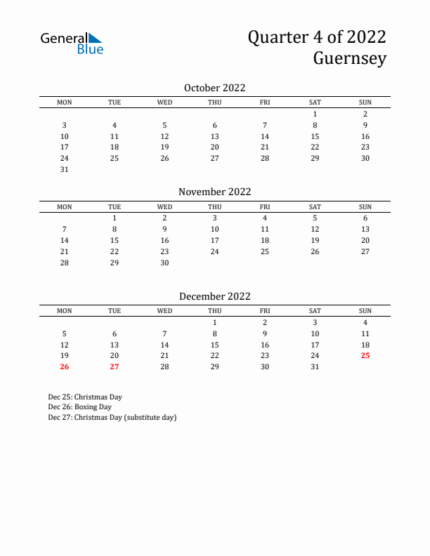 Quarter 4 2022 Guernsey Quarterly Calendar