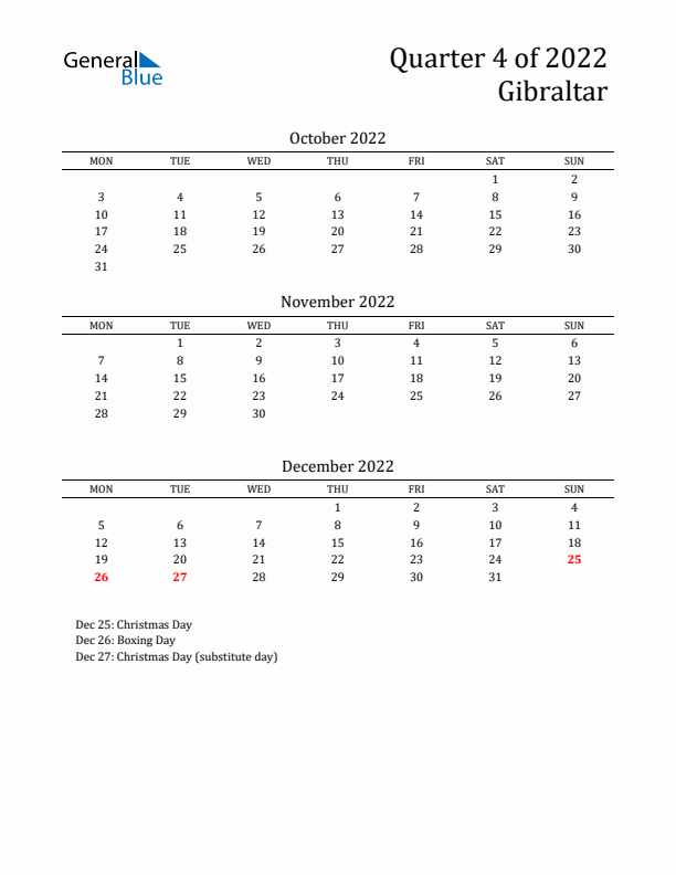 Quarter 4 2022 Gibraltar Quarterly Calendar