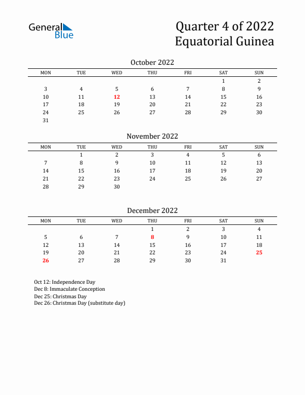 Quarter 4 2022 Equatorial Guinea Quarterly Calendar