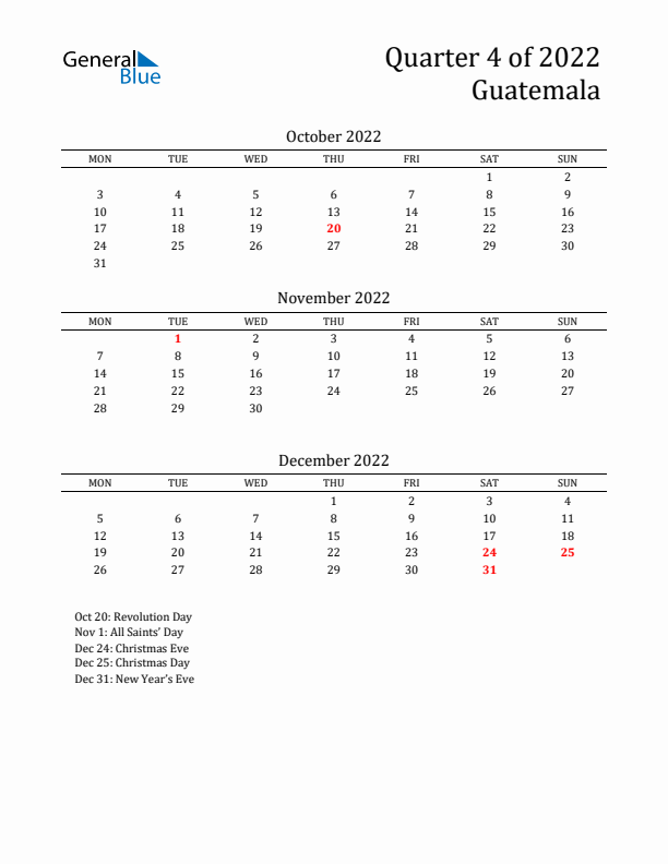 Quarter 4 2022 Guatemala Quarterly Calendar