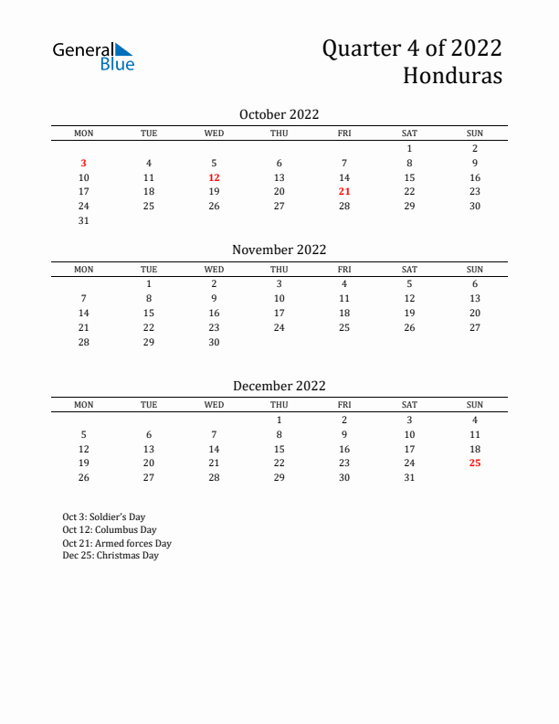 Quarter 4 2022 Honduras Quarterly Calendar