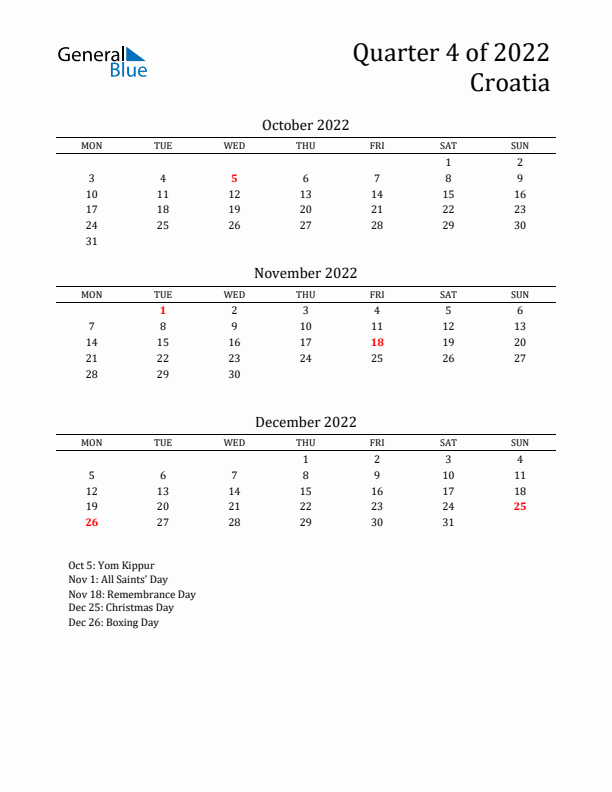 Quarter 4 2022 Croatia Quarterly Calendar