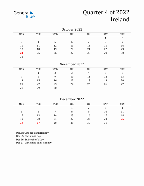 Quarter 4 2022 Ireland Quarterly Calendar