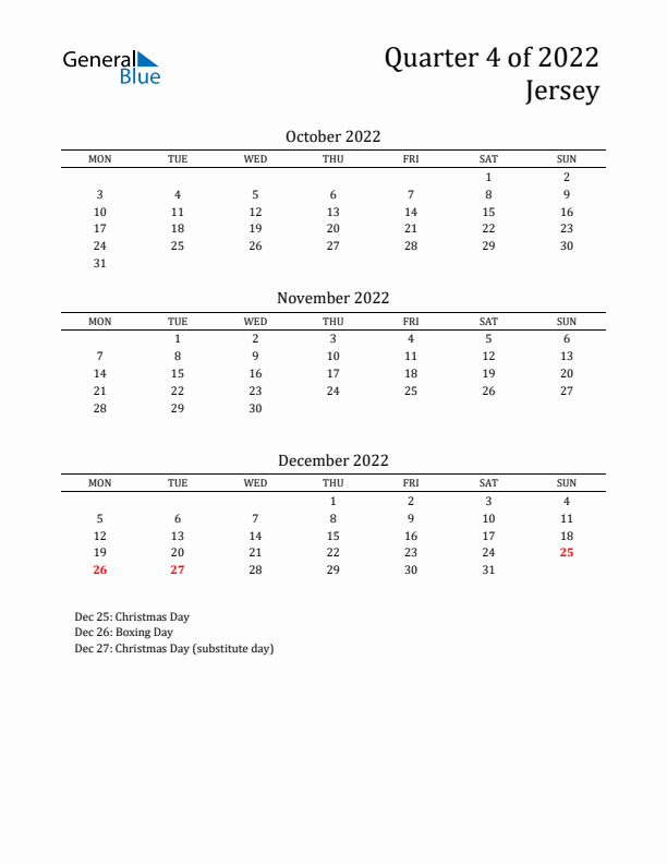 Quarter 4 2022 Jersey Quarterly Calendar