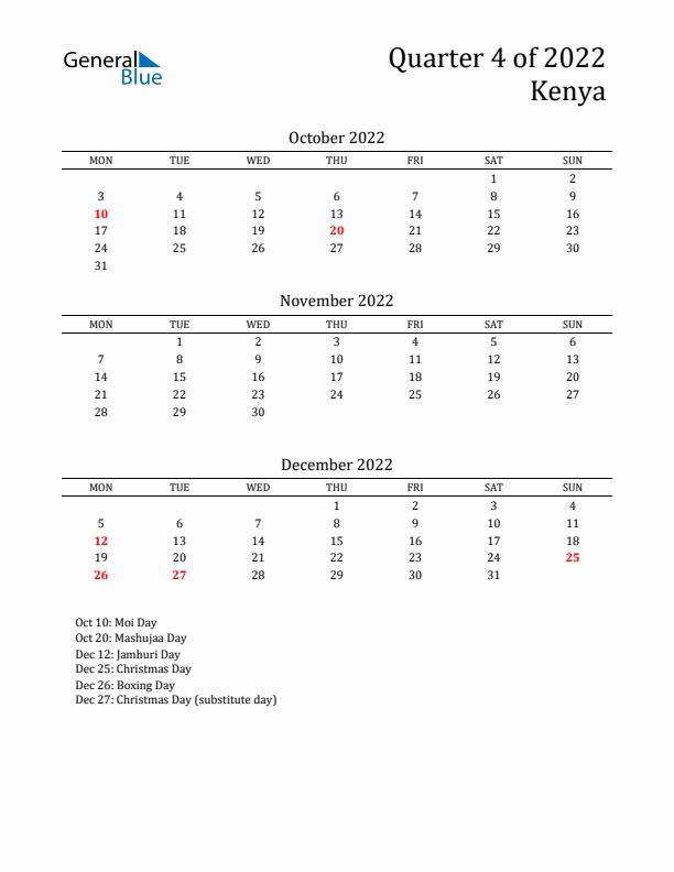 Quarter 4 2022 Kenya Quarterly Calendar