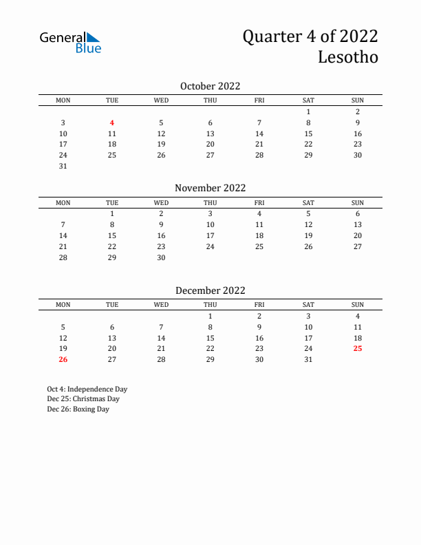 Quarter 4 2022 Lesotho Quarterly Calendar