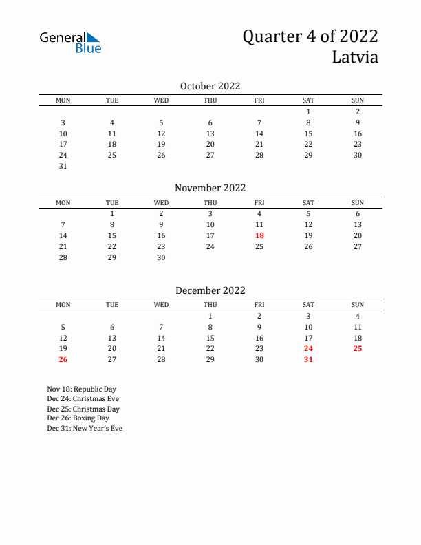 Quarter 4 2022 Latvia Quarterly Calendar