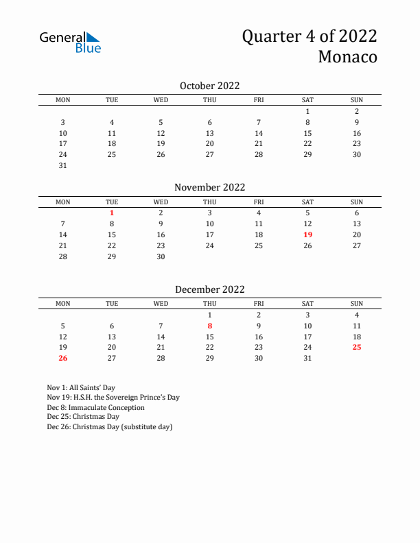 Quarter 4 2022 Monaco Quarterly Calendar