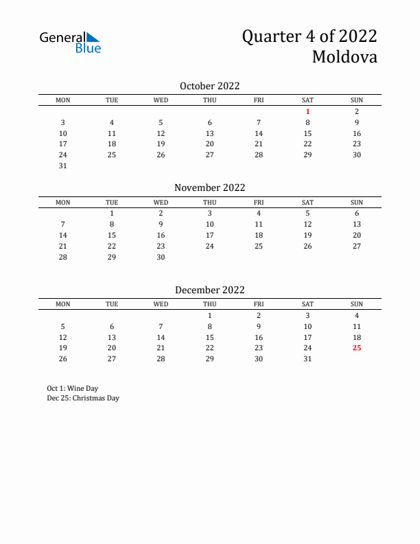 Quarter 4 2022 Moldova Quarterly Calendar