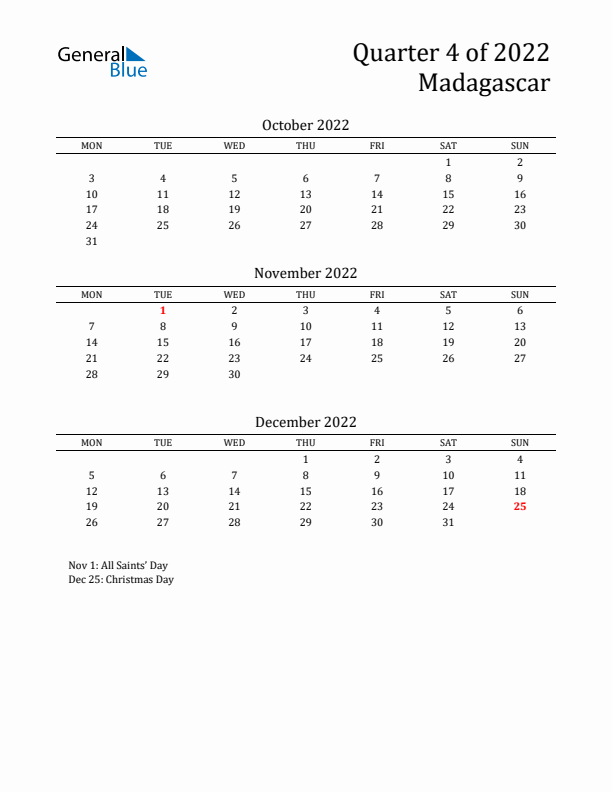 Quarter 4 2022 Madagascar Quarterly Calendar