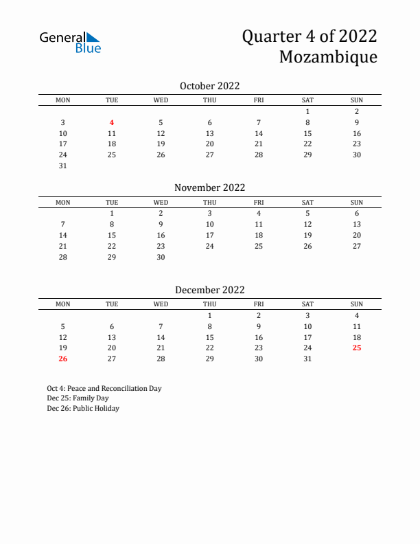 Quarter 4 2022 Mozambique Quarterly Calendar