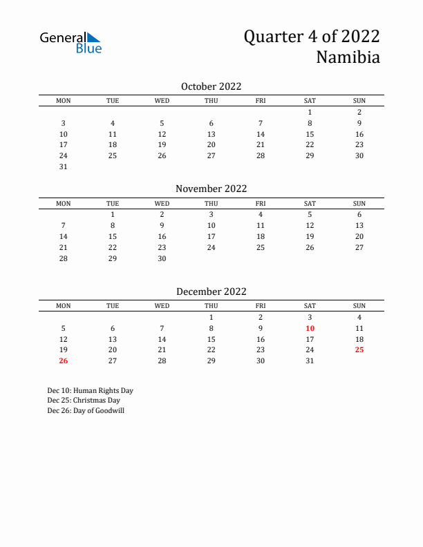 Quarter 4 2022 Namibia Quarterly Calendar