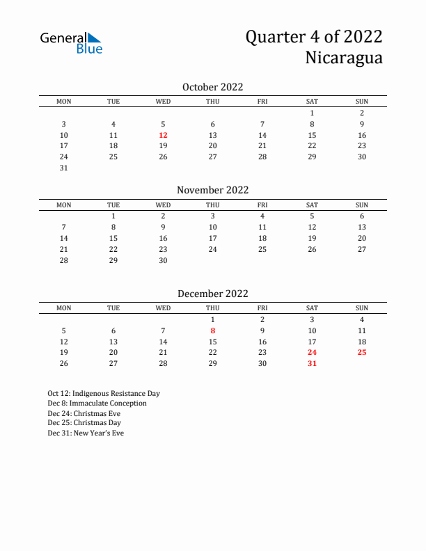 Quarter 4 2022 Nicaragua Quarterly Calendar