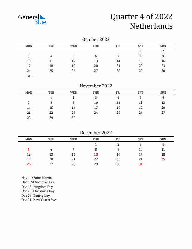 Quarter 4 2022 The Netherlands Quarterly Calendar