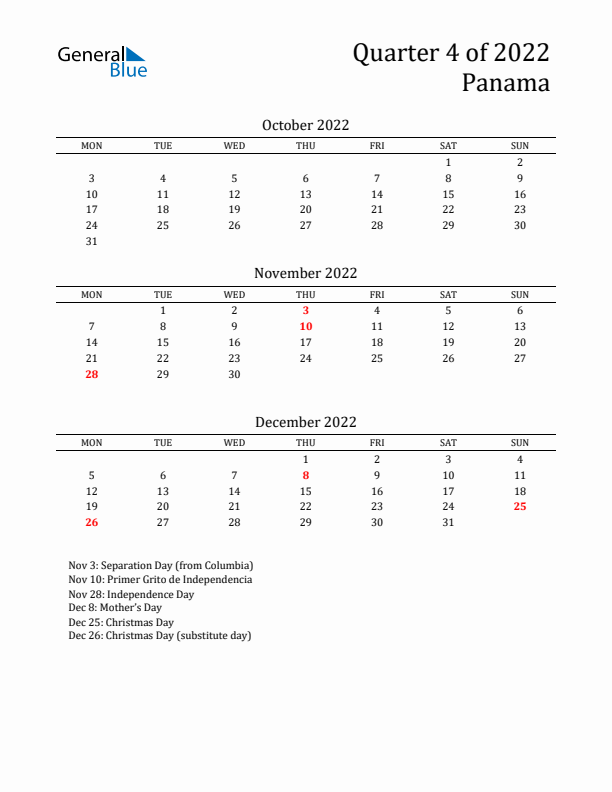 Quarter 4 2022 Panama Quarterly Calendar