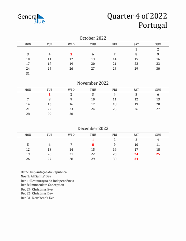 Quarter 4 2022 Portugal Quarterly Calendar