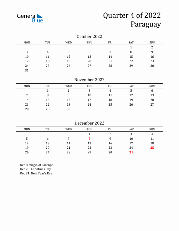 Quarter 4 2022 Paraguay Quarterly Calendar