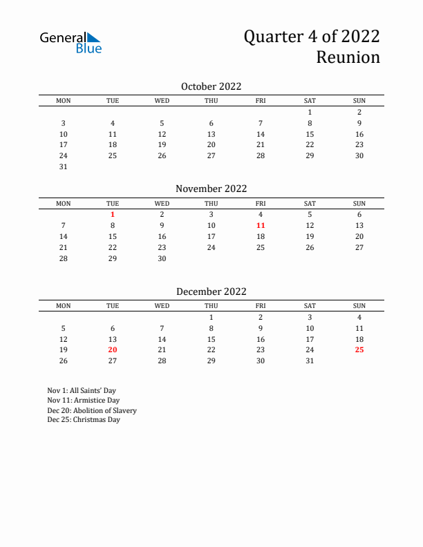 Quarter 4 2022 Reunion Quarterly Calendar