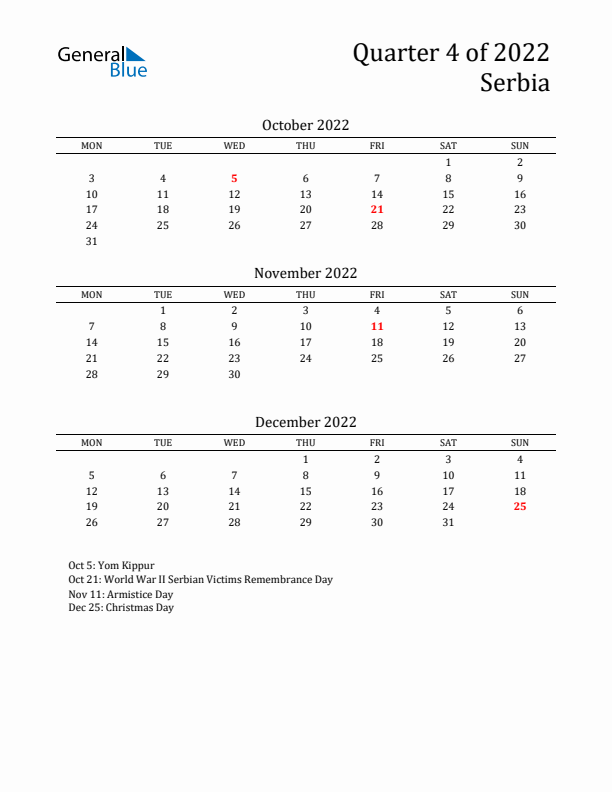 Quarter 4 2022 Serbia Quarterly Calendar