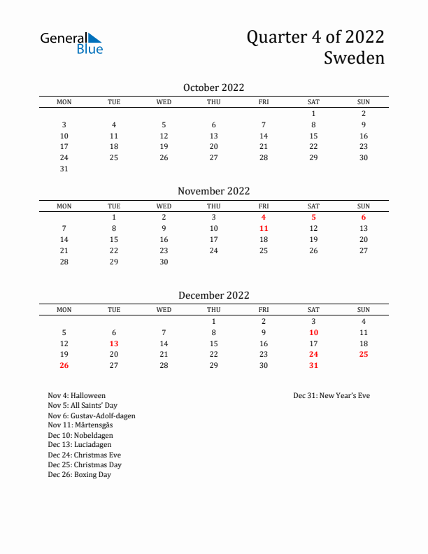 Quarter 4 2022 Sweden Quarterly Calendar