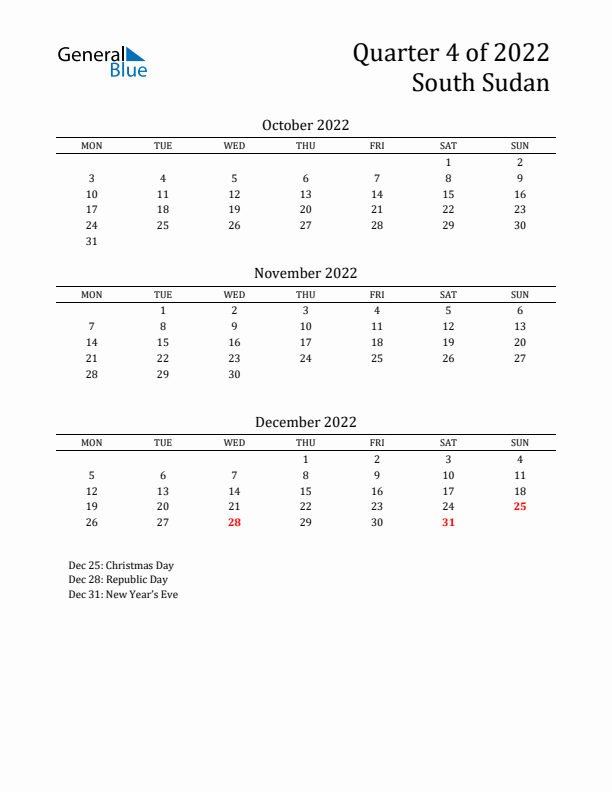 Quarter 4 2022 South Sudan Quarterly Calendar