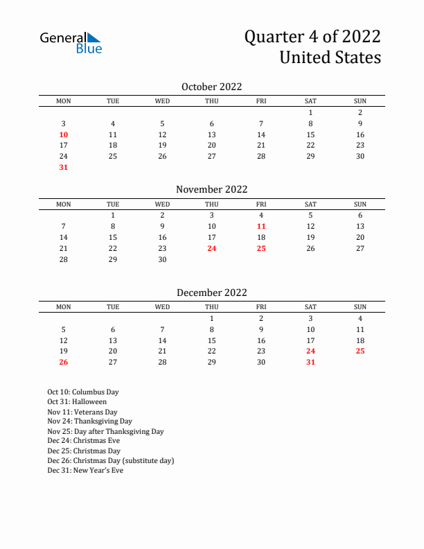 Quarter 4 2022 United States Quarterly Calendar