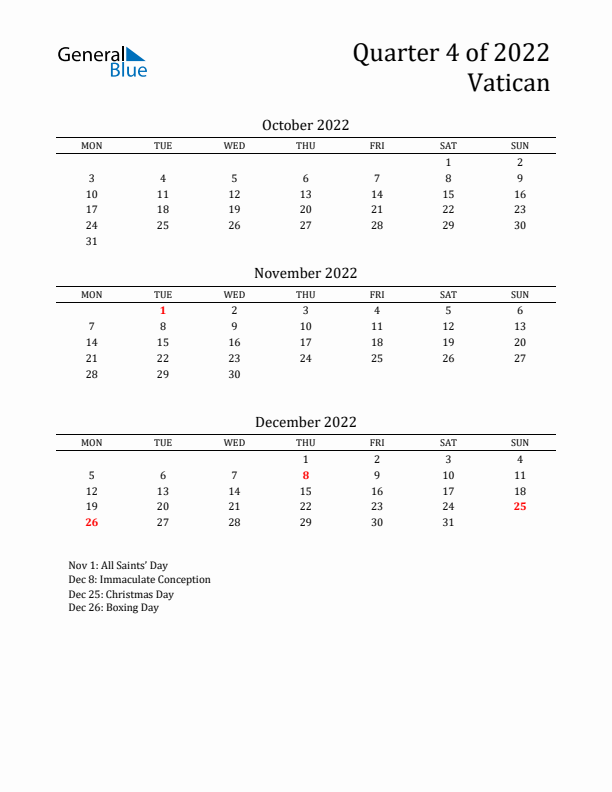 Quarter 4 2022 Vatican Quarterly Calendar