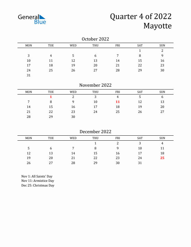 Quarter 4 2022 Mayotte Quarterly Calendar