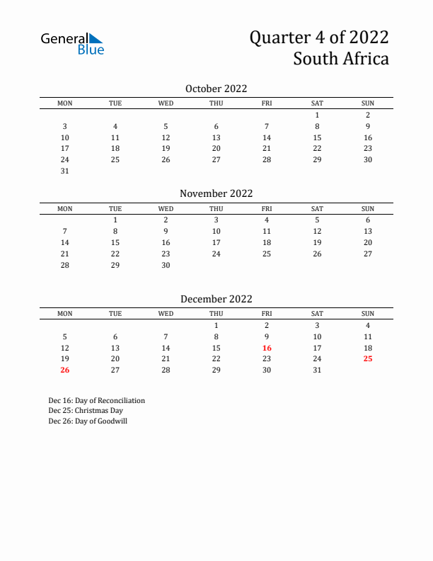 Quarter 4 2022 South Africa Quarterly Calendar