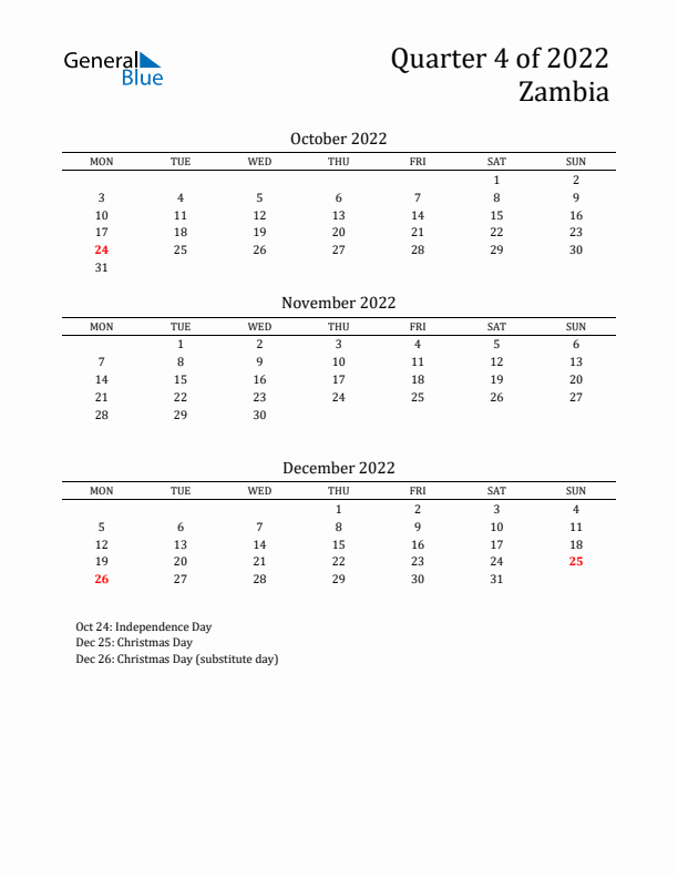 Quarter 4 2022 Zambia Quarterly Calendar