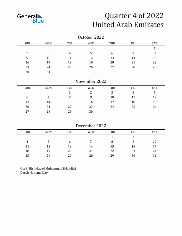 Quarter 4 2022 United Arab Emirates Quarterly Calendar