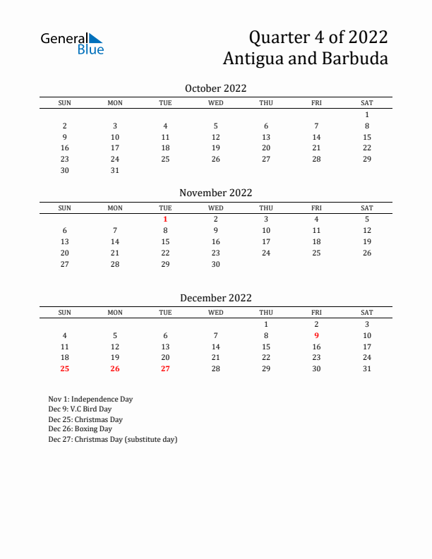 Quarter 4 2022 Antigua and Barbuda Quarterly Calendar