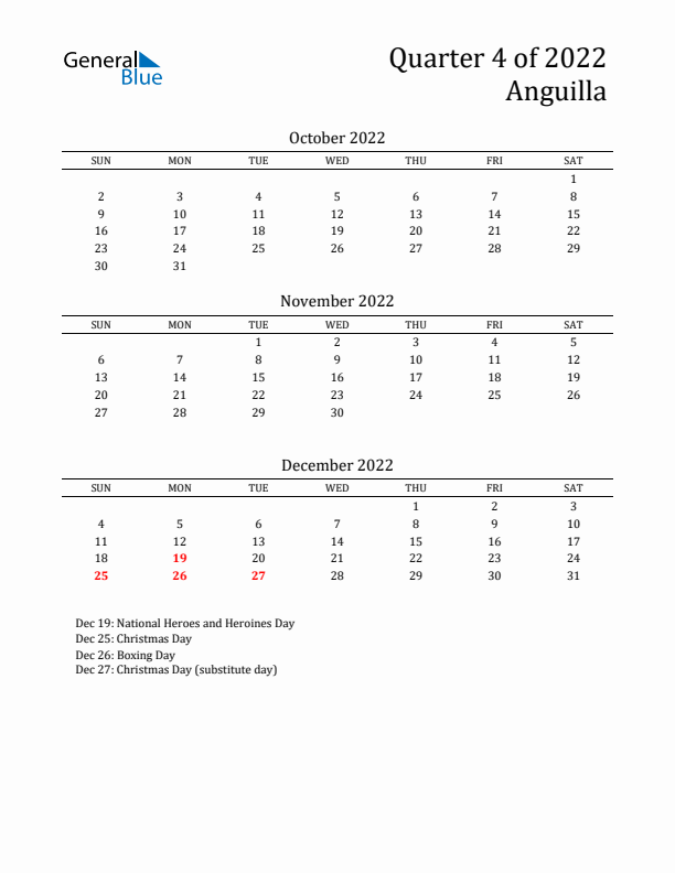 Quarter 4 2022 Anguilla Quarterly Calendar