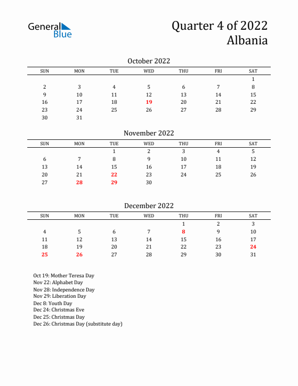 Quarter 4 2022 Albania Quarterly Calendar