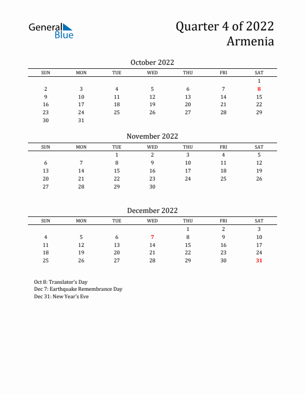 Quarter 4 2022 Armenia Quarterly Calendar