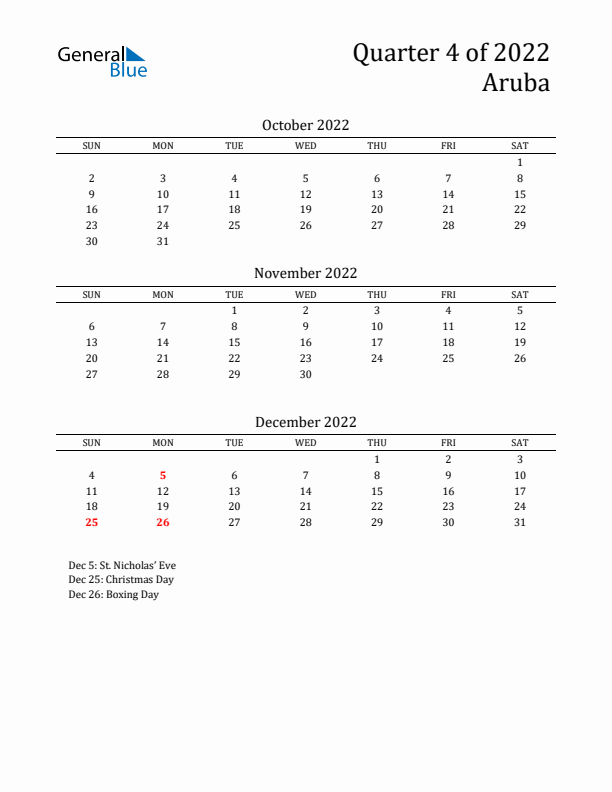 Quarter 4 2022 Aruba Quarterly Calendar