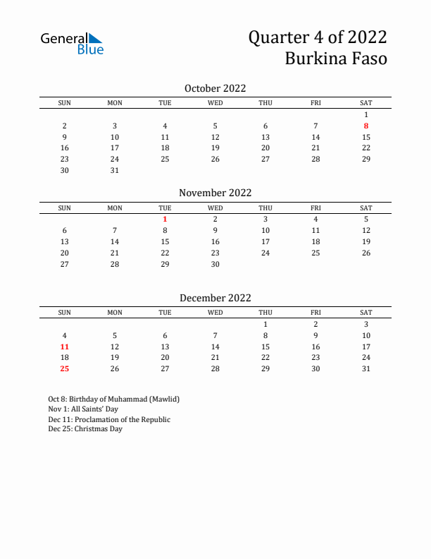 Quarter 4 2022 Burkina Faso Quarterly Calendar