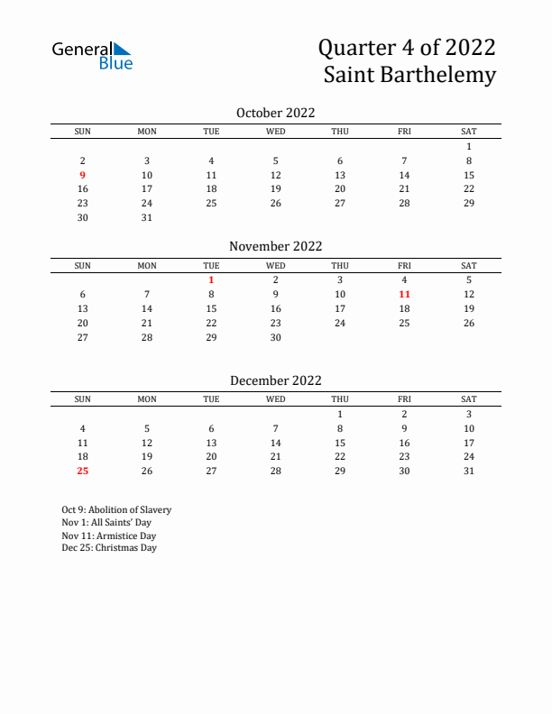 Quarter 4 2022 Saint Barthelemy Quarterly Calendar