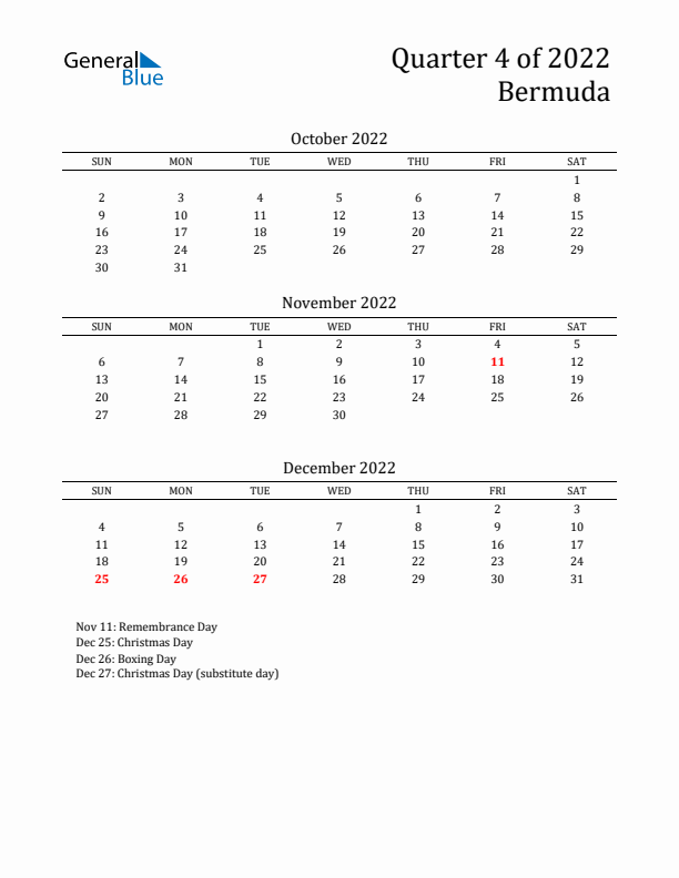 Quarter 4 2022 Bermuda Quarterly Calendar