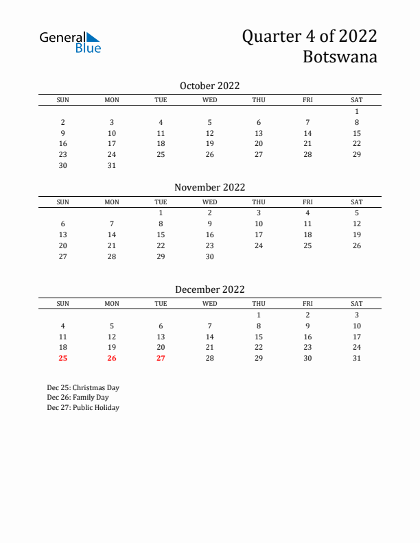 Quarter 4 2022 Botswana Quarterly Calendar