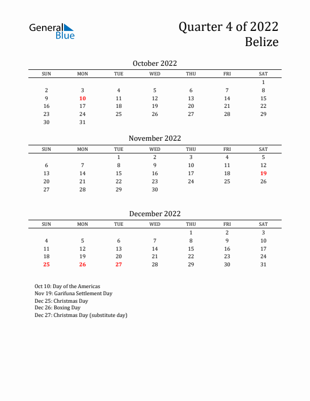 Quarter 4 2022 Belize Quarterly Calendar