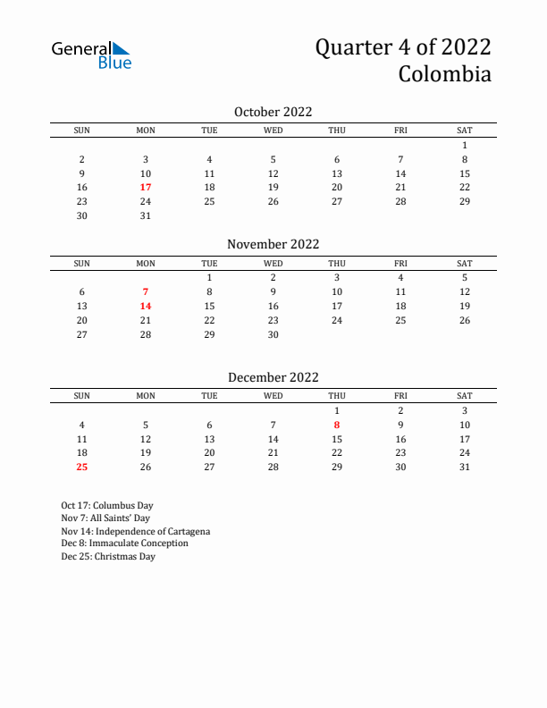 Quarter 4 2022 Colombia Quarterly Calendar