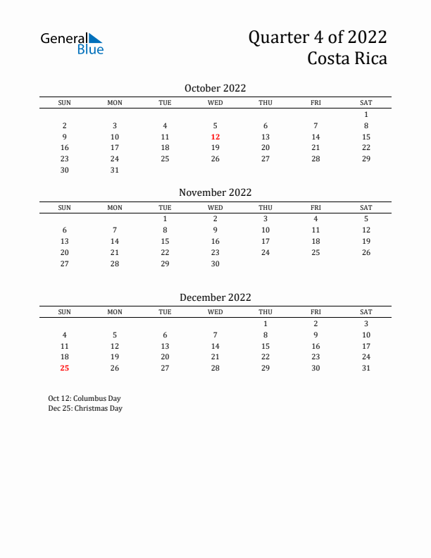 Quarter 4 2022 Costa Rica Quarterly Calendar