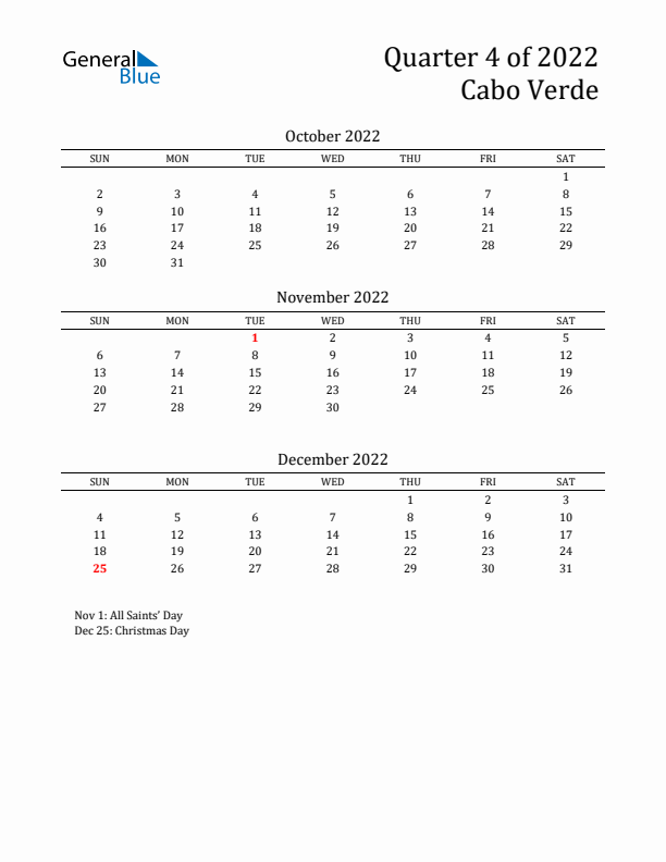 Quarter 4 2022 Cabo Verde Quarterly Calendar