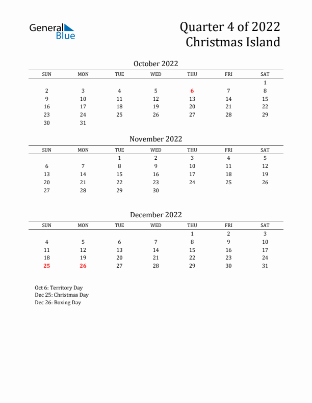 Quarter 4 2022 Christmas Island Quarterly Calendar