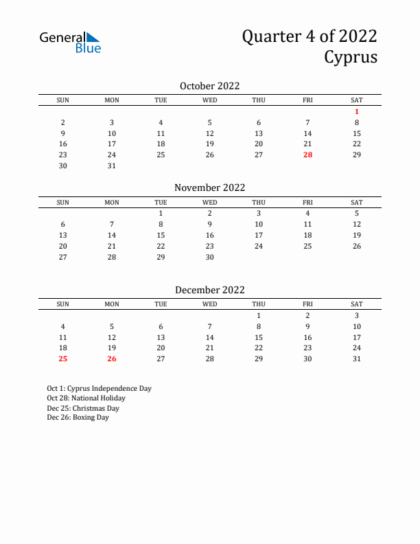 Quarter 4 2022 Cyprus Quarterly Calendar