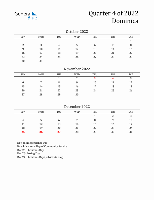 Quarter 4 2022 Dominica Quarterly Calendar