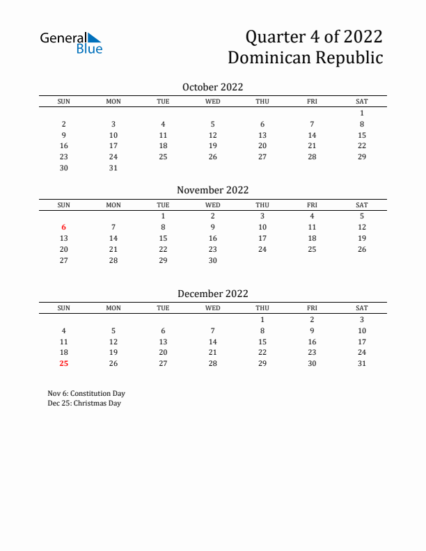 Quarter 4 2022 Dominican Republic Quarterly Calendar