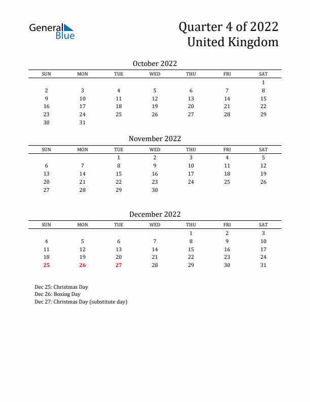 Quarter 4 2022 United Kingdom Quarterly Calendar